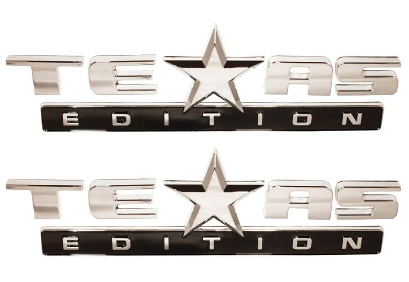 Muzzys (Set of Two) Chrome and Black Texas Edition 3M Stick On Emblem Badge FITS GMC Sierra Chevy Silverado Sierra Suburban Tahoe Ford F150 Dodge Ram Nissan Titan Truck - Image 1